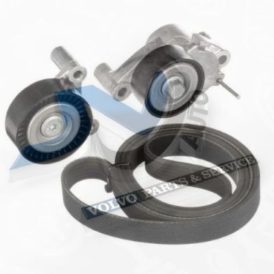 Tensioner with pulley, idler pulley and V-belt for Volvo 31359881, 31401460, 31460386, 31480409, 9487315