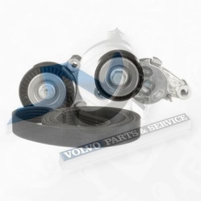Tensioner with pulley, idler pulley and V-belt for Volvo 31359881, 31401460, 31460386, 31480409, 9487315