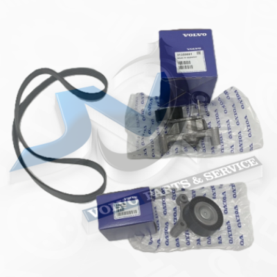 Tensioner with pulley, idler pulley and V-belt for Volvo 31359881, 31401460, 31460386, 31480409, 9487315